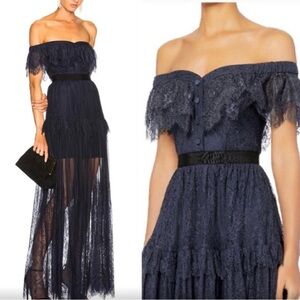 Self-Portrait Off-Shoulder Formal Lace Maxi Dress navy Blue Black size 4 (small)